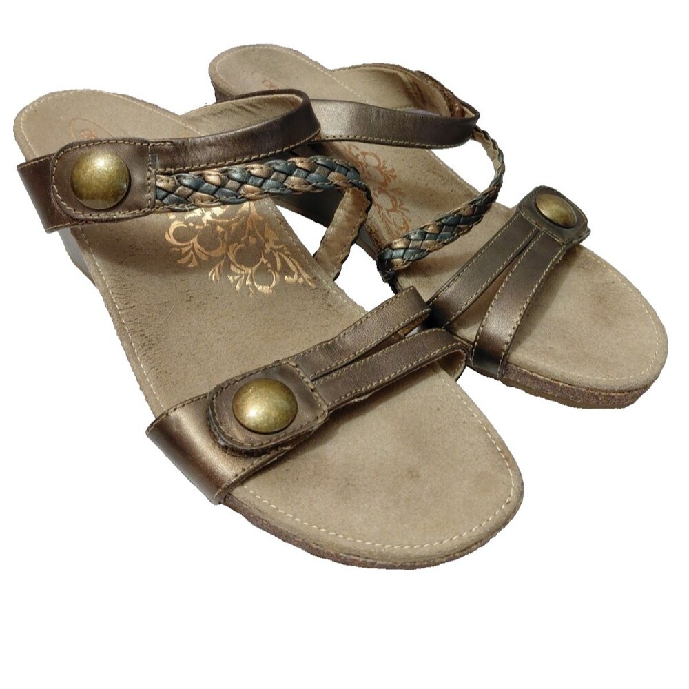Aetrex Jillian Braided Leather Wedge Sandals Bronze Women's 10 EW304W